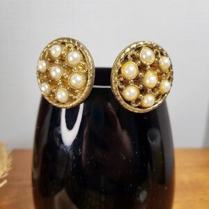 Vintage Openwork Plastic Gold Tone Clip On Earrings with Faux Pearls
